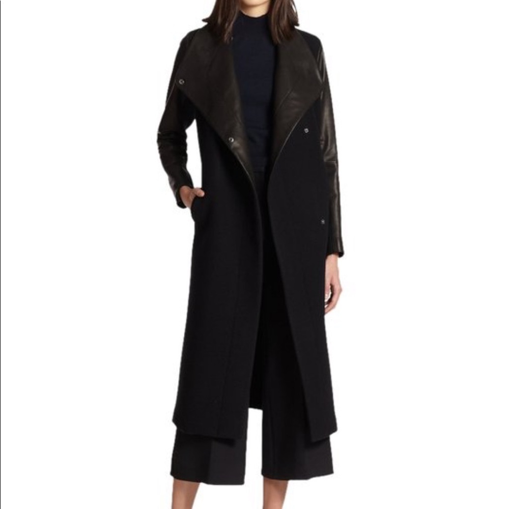 Black woolcashmere leather panel theory Aline coat